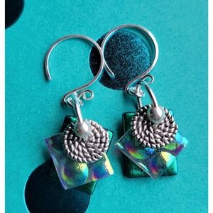 Fused Dichroic Glass Dangle Earrings - Teal and Turquoise with Bali Silver Beads
